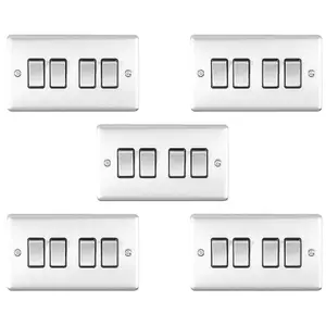 5 PACK 4 Gang Quad Metal Light Switch SATIN STEEL 2 Way 10A Black Trim