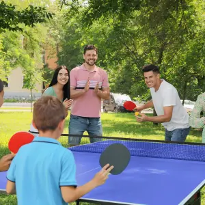 SPORTNOW 9FT Foldable Table Tennis Table with Cover, Net, Paddles, Balls - Blue