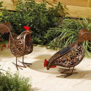 2 x Solar Powered Silhouette Hens - Handmade Metal Outdoor Garden Chicken Ornaments with LED Light & Scroll Effect Cut Out Detail