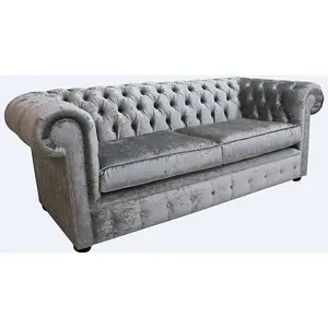 Chesterfield 3 Seater Sofa Settee Modena Silver Grey Velvet Fabric In Classic Style