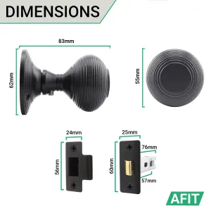 AFIT Beehive Reeded Black Door Knob Set - 3 Pairs of Matt Black Mortice Knobs (55mm) & Latch (76mm) for Internal Doors