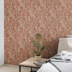 Grandeco Mae Painted Jungle Leaves Linen Textured Wallpaper Terracotta