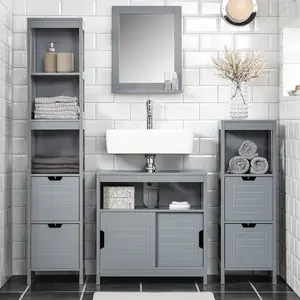 Lyndora Wood Flat Wall Mirror with Shelves Dark Grey