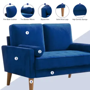 121CM Velvet Love Seat Blue Couch with 2 Pillows