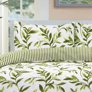 Ellie Green Watercolour Leaves Duvet Cover Set Striped Reverse Fully Reversible Bedding - King