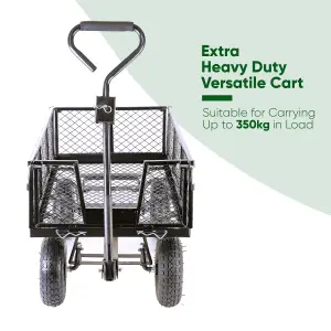 Garden TRAILER Cart Pull Along Trolley 350kg Heavy Duty Black Mesh Utility Gardeners Wagon with Removable Liner & Folding Sides