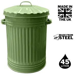 Sage Green Metal Bin Retro Galvanised Dustbin Vintage Style Steel Bin - 45L