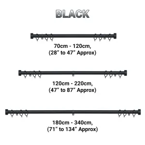 A.Unique Home Stud End Metal Extendable Curtain Pole With Rings and Fittings (25/28mm) - Matte Black, 120cm - 220cm Approx