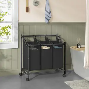 SONGMICS Rolling Laundry Sorter, Laundry Basket with 3 Removable Bags, Laundry Hamper, Laundry Trolley, Ink Black