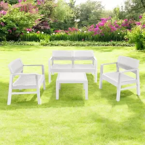 URBNLIVING 121cm Width 4 Pcs Rattan Garden Furniture Sofa Arm Chairs Side Table Outdoor White Set without Cushions