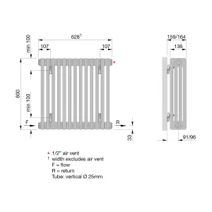 Acova Raw metal 4 Column Radiator, (W)628mm x (H)600mm