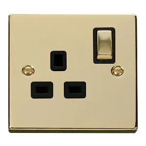 Polished Brass 1 Gang 13A DP Ingot Switched Plug Socket - Black Trim - SE Home