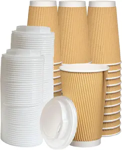 ECONX 16oz Takeaway Coffee Cups with White Lids Triple Walled Insulated Disposable Ripple Coffee Cups (Pack of 50)