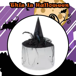 Halloween Witches Hat with Lace Feather/Rose Detail Trick or Treat 44cm Black