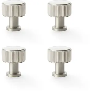 4 PACK - Round Reeded Door Knob - 29mm Diameter Satin Nickel Lined Cupboard Pull Handle