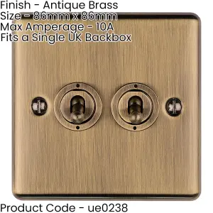 3 PACK 2 Gang Double Retro Toggle Light Switch ANTIQUE BRASS 10A 2 Way Plate