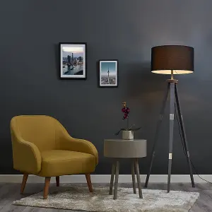 ValueLights Willow Large Grey Wood & Metal Tripod Design Floor Lamp with Black Shade Complete with 6w LED GLS Bulb In Warm White