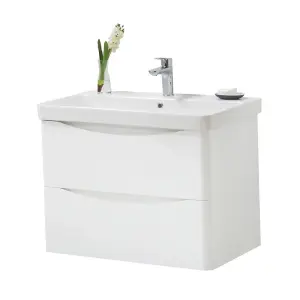 Bathroom Wall Mounted 2-Drawer Vanity Unit with Basin 800mm Wide - Gloss White - (Arch) - Brassware Not Included