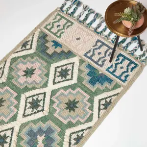 Homescapes Matala Green & Blue Kilim Wool Rug 120 x 170 cm