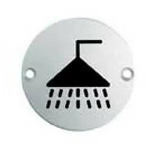 Bathroom Door Shower Symbol Sign 64mm Fixing Centres 76mm Dia Polished Steel