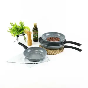 URBN-CHEF 3 Pcs Forged Carbon Steel Marble Grey Pot Non-stick Frying Pan Set