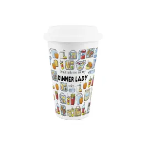 Dinner Lady Ceramic Travel Mug - Humorous School Lunch Staff Novelty Gifts - Double-Walled Insulated Hot/Cold Drinks Flask Cup