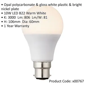 10W B22 GLS Light Bulb - 3000k Warm White Temp - Indoor/Outdoor LED Lamp