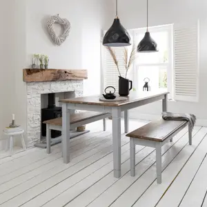 Canterbury 180cm Dining Table with 2 Benches in Silk Grey and Dark Pine