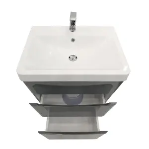 Rinse Bathrooms 600mm Gloss Grey Floor Standing 2 Drawer Vanity Unit Basin Bathroom Storage Furniture