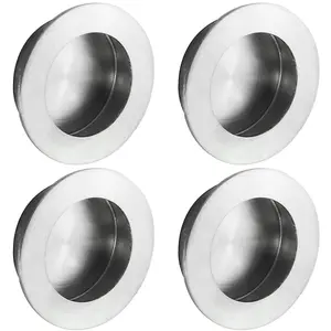 4 PACK - Large Recessed Sliding Door Flush Pull - 80mm Round 12mm Depth Satin Steel