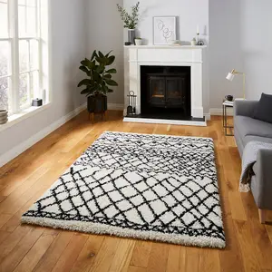 White Black Modern Geometric Shaggy Moroccan Easy To Clean Dining Room Rug-200cm X 290cm