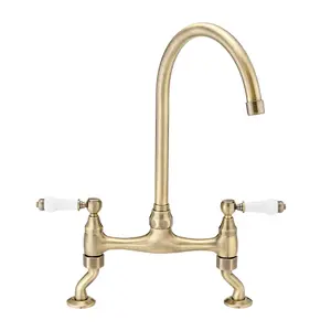 ENKI, Astbury, KT104, Deck Mounted Antique Brass, Kitchen Sink Mixer Tap, Featuring a Swivel Swan Neck Spout and Quarter Turn Cer