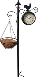 Cockeral Design Garden Clock and Thermometer With Hanging Basket and Stand for Outdoor or Indoor Use.