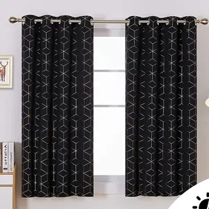 Deconovo Blackout Thermal Ring Top Curtains, Gold Diamond Printed Eyelet Curtains for Bedroom, 46 x 54 Inch, Black, One Pair