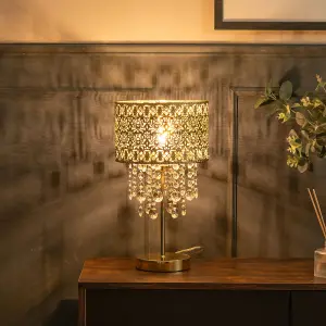 ValueLights Enna Gold Moroccan Style Bedside Table Lamp with Acrylic Jewel Droplet Drum Lampshade - Bulb Included