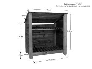 Wooden log store (roof sloping back) with kindling shelf W-119cm, H-126cm, D-88cm - brown finish