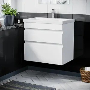 Nes Home White 600mm PVC 2 Drawer Wall Hung Vanity Cabinet and Basin Sink Unit