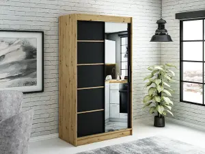 Leto V2 Contemporary 2 Sliding Mirror Door Wardrobe 5 Shelves 2 Rails Black Matt and Oak Effect (H)2000mm (W)1200mm (D)620mm