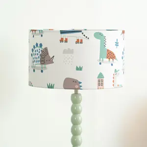 Sage Green Bobbin Stem Table Lamp with Cartoon Dino Drum Shade for Living Room Bedroom - LED Bulb Included