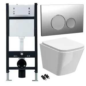 Bubly Bathrooms™ White Rimless Square Wall Hung Toilet Pan, Seat & 1.13m Concealed Cistern Frame - Chrome