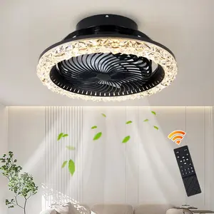 50cm Dimmable Crystal Caged Flush Mount Ceiling Fan with LED Lights and Remote Control