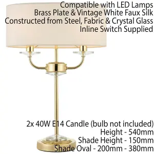 Twin Light Table Lamp 2 Bulb Brass & White Shade Crystal Trim Bedside Feature