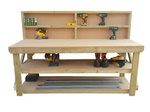 MDF top workbench (H-90cm, D-70cm, L-150cm) with back panel and double shelf