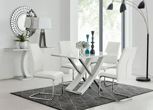 Furniturebox UK Mayfair 4 White High Gloss And Stainless Steel Dining Table And 4 White Lorenzo Chairs Set