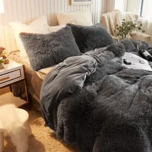 Grey Faux Fur Soft Duvet Cover Set