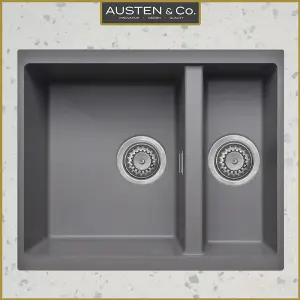 Austen & Co. Florence Inset & Undermount 1.5 Bowl Reversible Granite Kitchen Sink With Strainer & Over Flow Kit - Grey