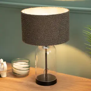 ValueLights Jessy Glass and Black Metal Bedside Table Lamp with a Charcoal Grey Boucle Lampshade