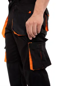 SSS Mens Work Trousers Cargo Knee Pad Pockets Workwear Pants, Black-Orange, 30in Waist-30in Leg-Small