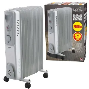 2000W 9 FIN Portable Oil Filled Radiator Heater Electrical Caravan Office Home (White)