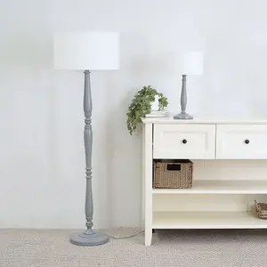 ValueLights Victoria Traditional Grey Wood Candlestick Table Lamp with White Drum Shade - LED Bulb Included